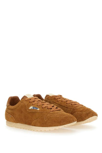 Autry men’s windspin sneaker tan suede with white rubber sole tan laces and blue white side logo
