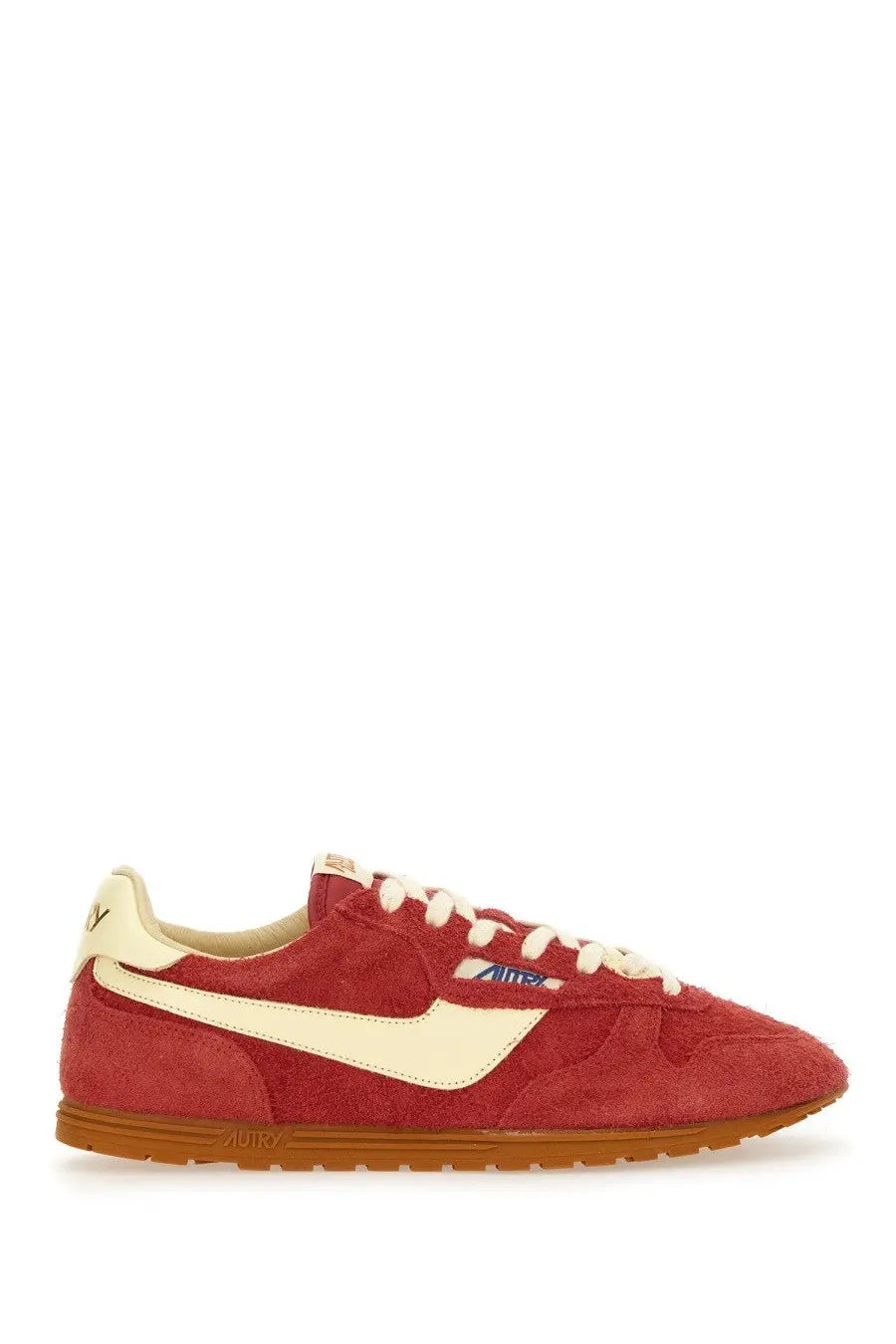 Red suede aime leon dore sneaker with cream accents and gum rubber sole in autry mens windspin sneaker red product image