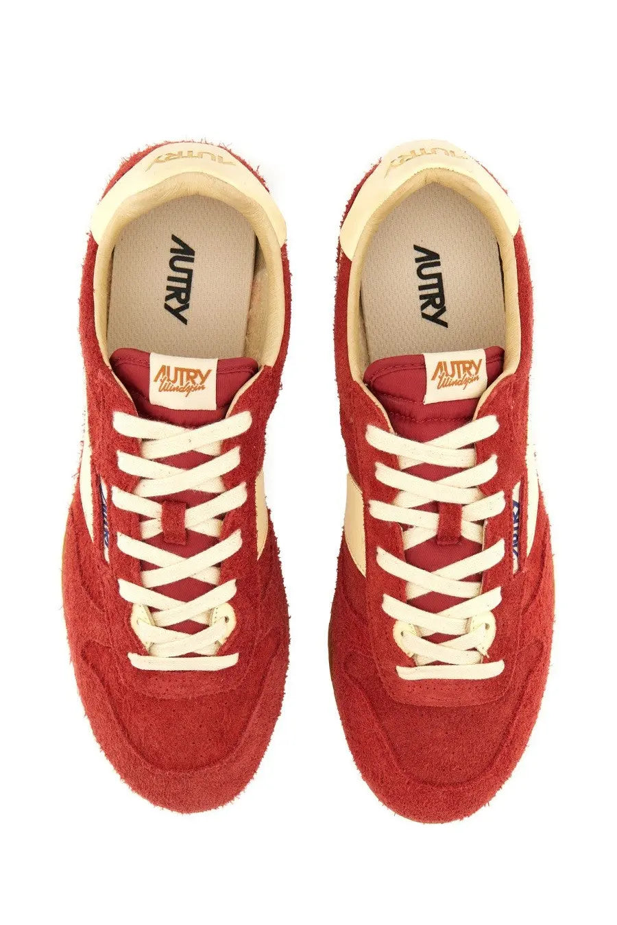 Autry men’s windspin sneaker red suede with cream laces and accents featuring the autry brand name on the insole