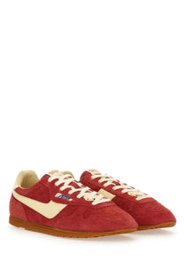 Autry men’s windspin sneaker red suede with cream swoosh and laces and gum rubber sole