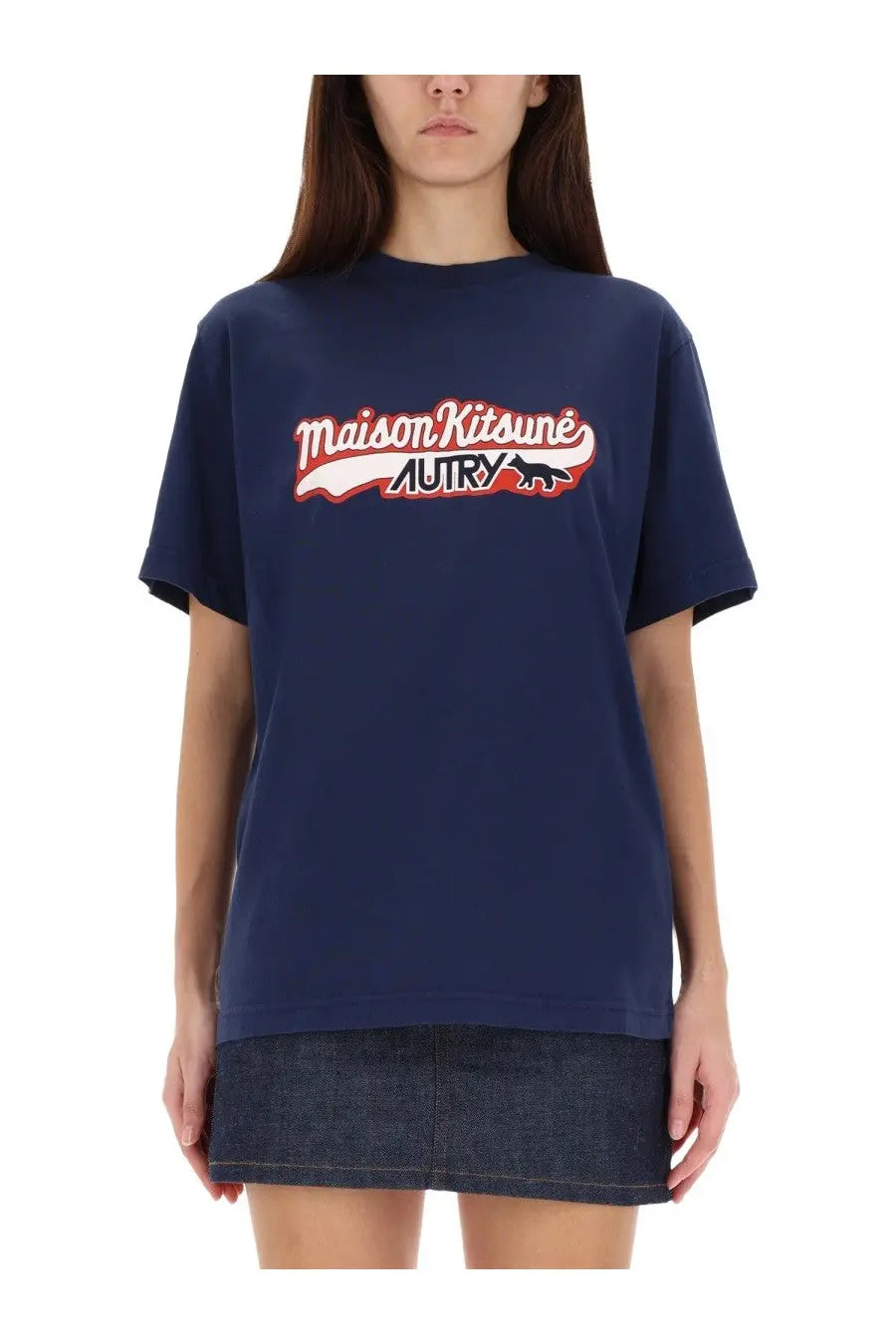 Navy blue unisex autry maison kitsuné t-shirt with bold red and white embroidered logo graphic across the chest