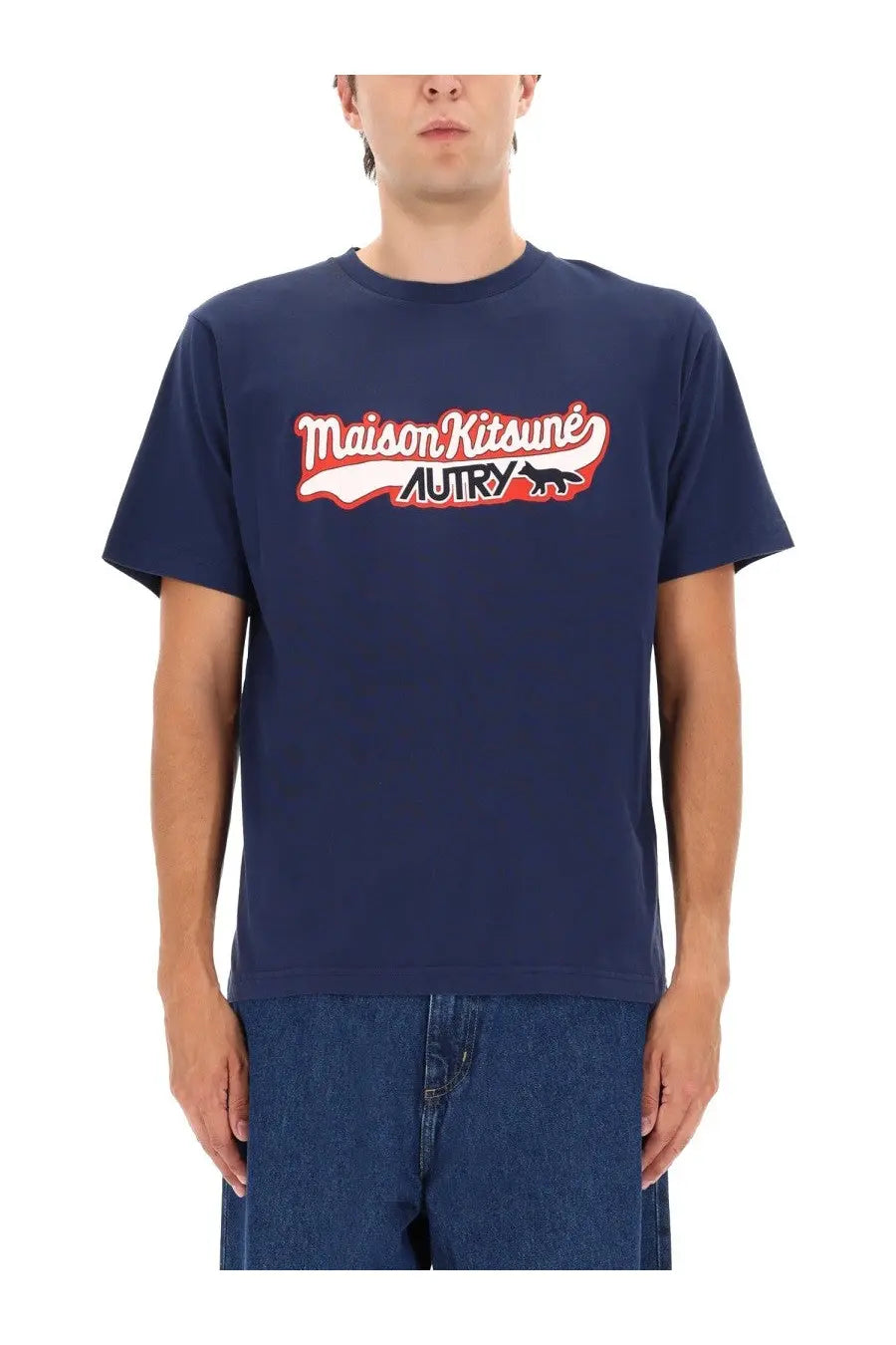 Navy blue maison kitsuné autry unisex t-shirt with red and white logo featuring brand name and black fox silhouette