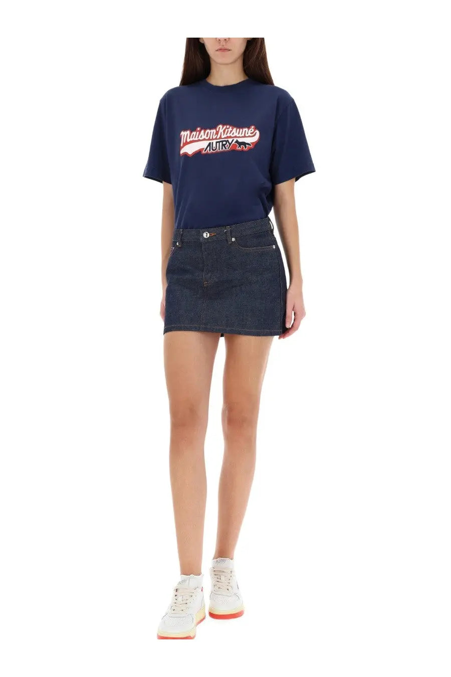 Navy blue unisex maison kitsuné t-shirt with white and red logo print from autry perfect for casual wear