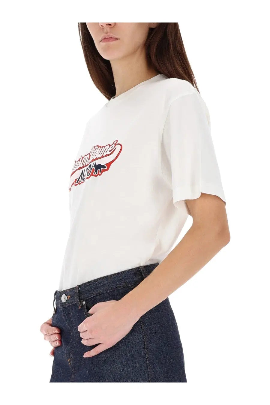 White cotton unisex t-shirt featuring a red and black embroidered Autry Maison Kitsuné logo across the chest