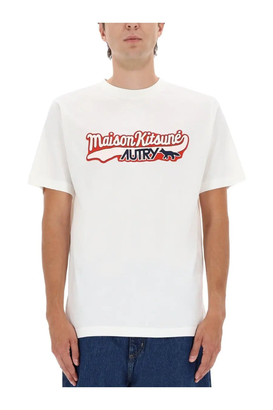 White maison kitsuné autry unisex t-shirt with bold red and navy blue logo featuring fox silhouette