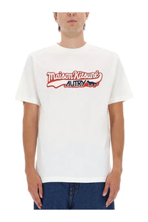 White maison kitsuné autry unisex t-shirt with bold red and navy blue logo featuring fox silhouette