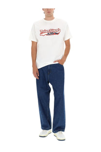 White maison kitsuné autry unisex t-shirt with red and black logo print in cotton fabric