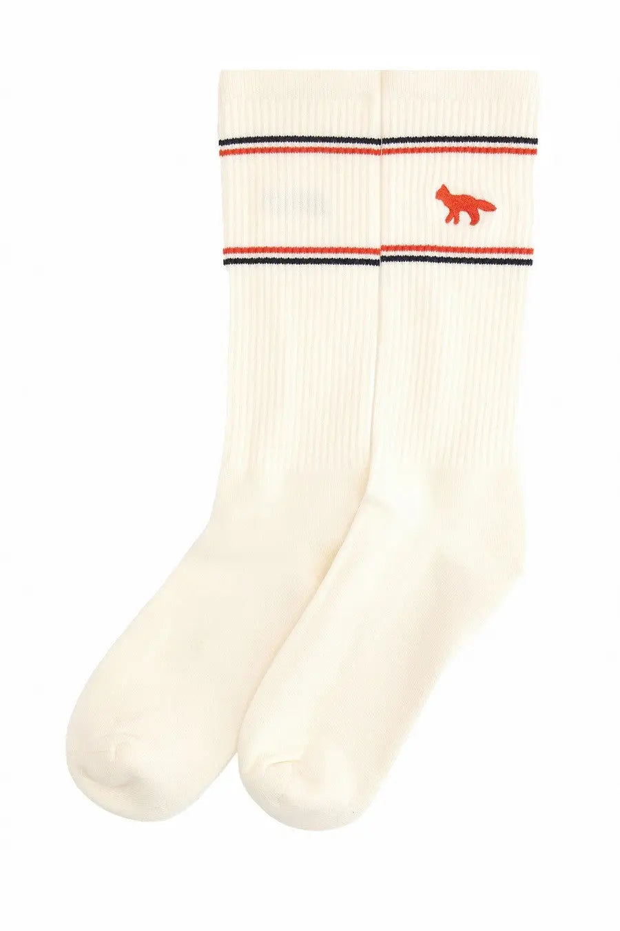 Autry unisex white cream-colored ribbed socks with black and red stripes and an orange fox logo embroidered on the side