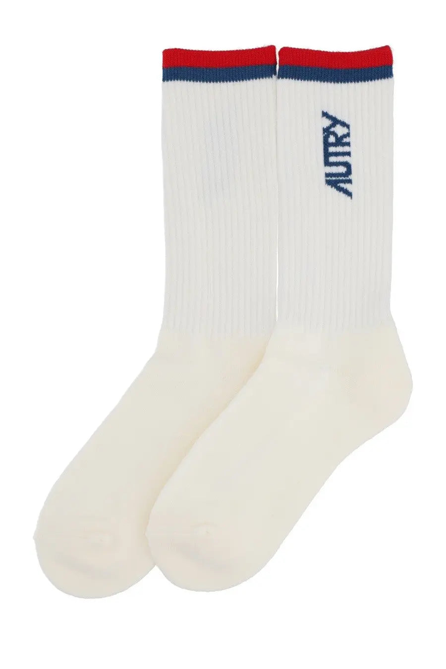 Autry unisex white ribbed crew socks with red navy striped cuffs and navy embroidered logo on the side