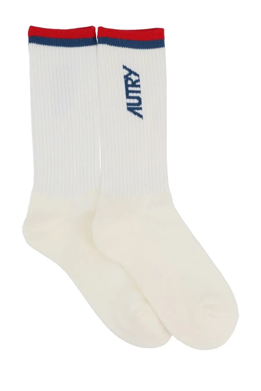 White ribbed crew socks by Autry with red and navy striped cuffs and navy logo embroidery on the side