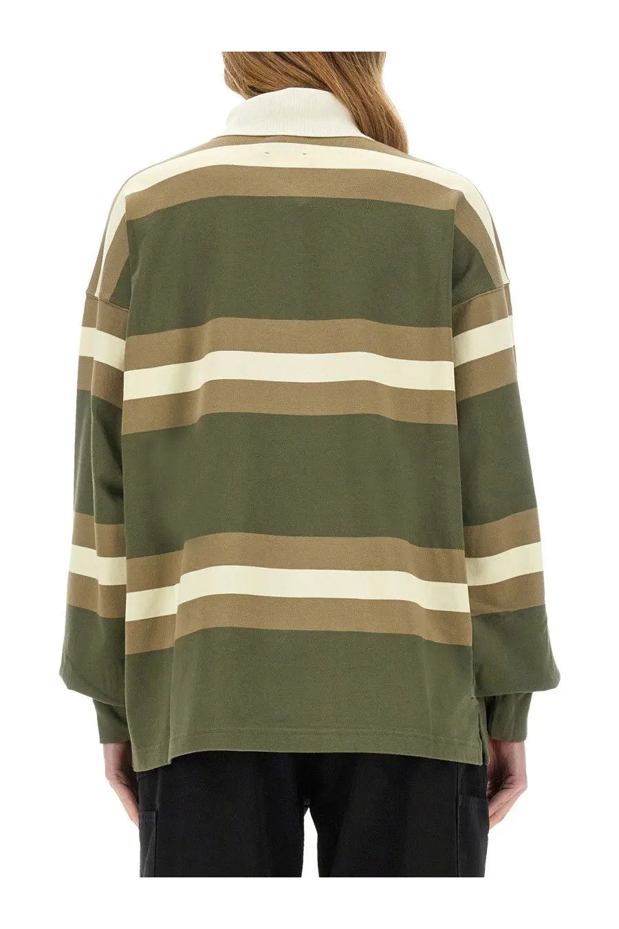 Autry unisex striped polo green olive green and beige rugby shirt with long sleeves and white collar