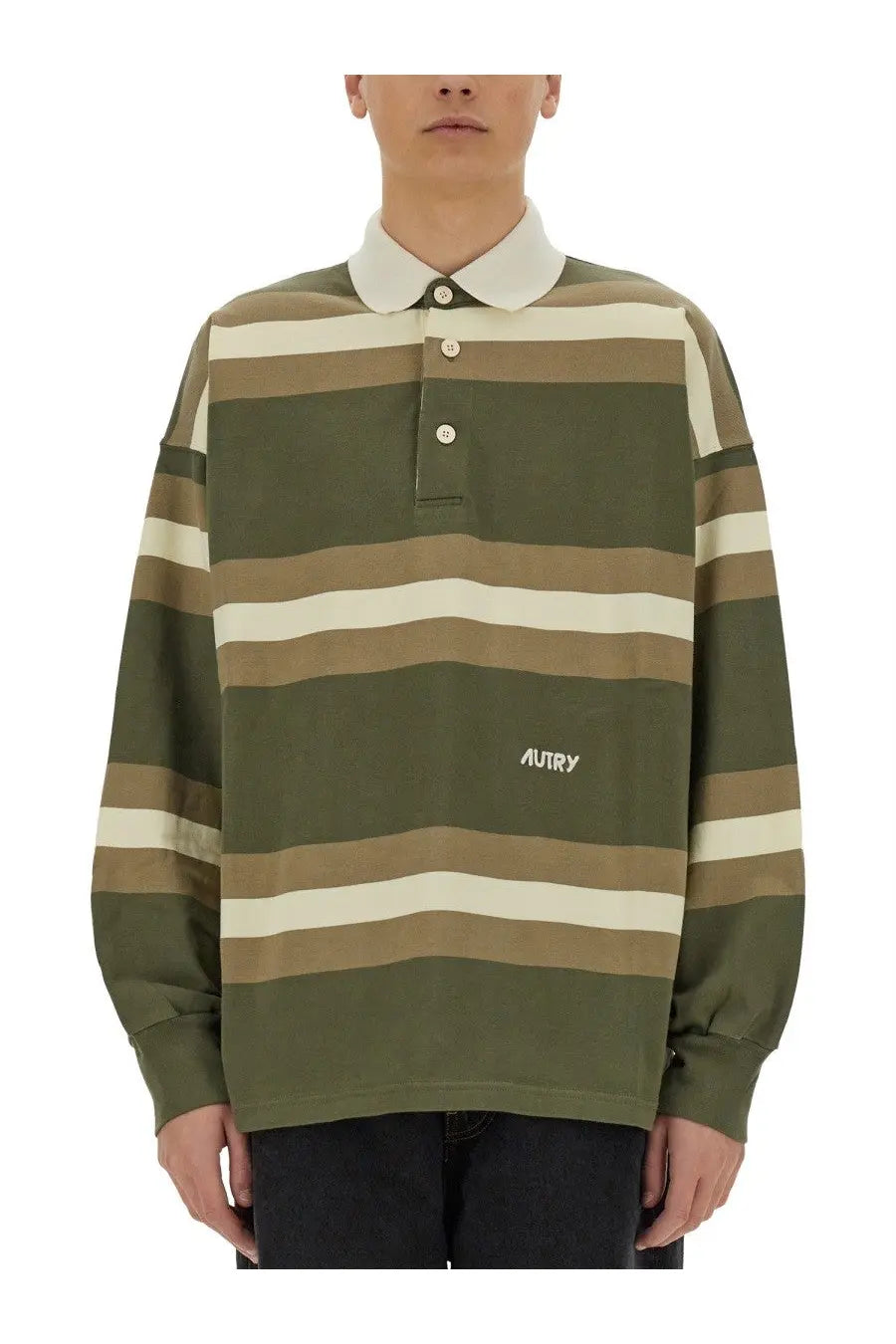 Autry unisex striped polo green featuring olive green and beige horizontal stripes with white collar and mutry logo