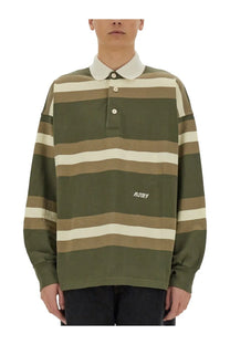 Autry unisex striped polo green featuring olive green and beige horizontal stripes with white collar and mutry logo