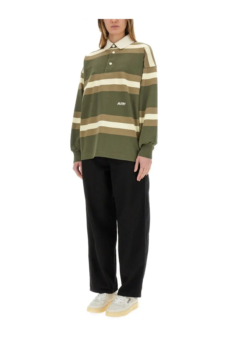 Autry unisex striped polo green long-sleeved shirt with olive green and beige horizontal stripes and white collar