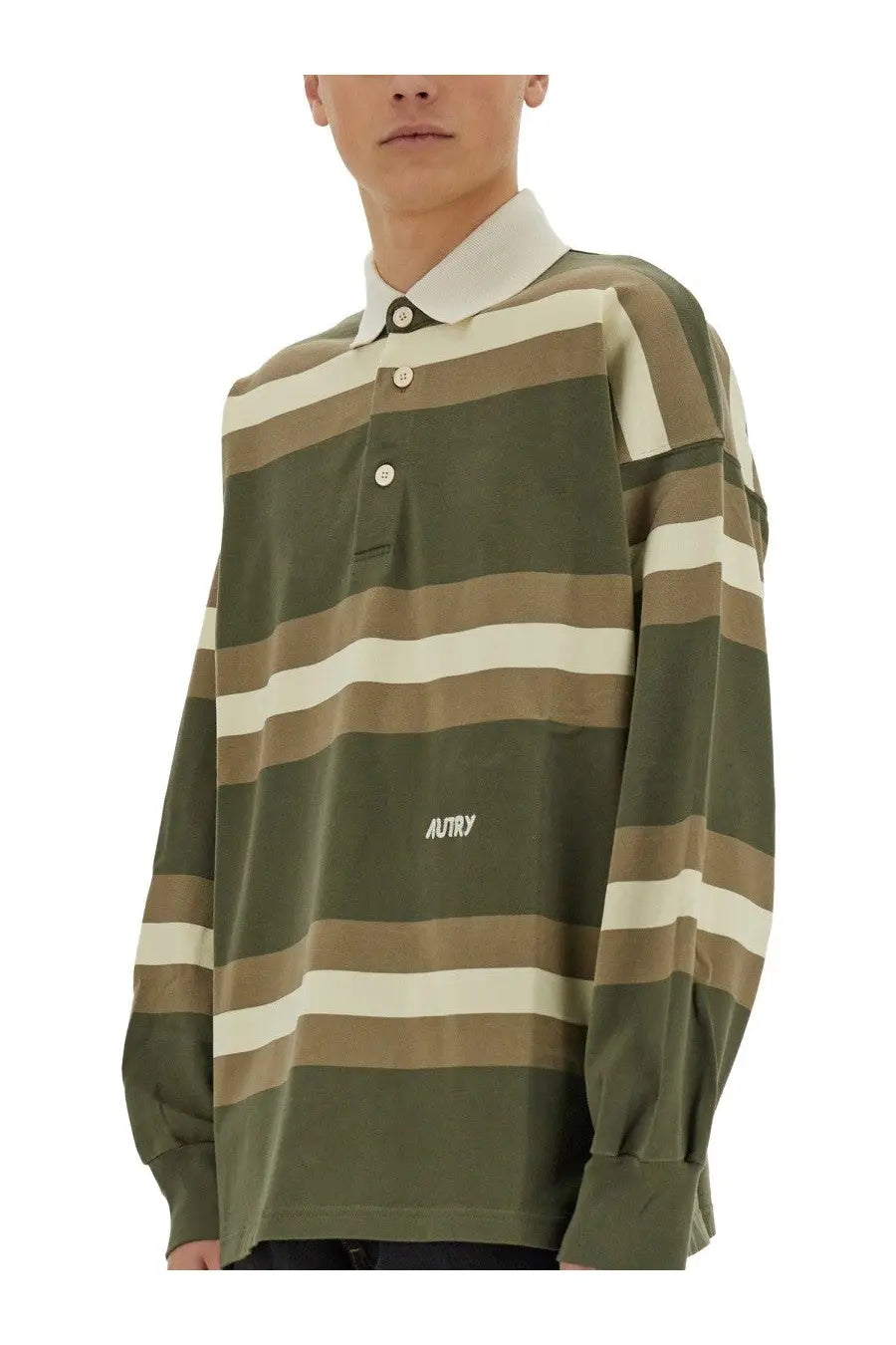 Autry unisex striped polo green long-sleeved shirt with olive green and beige horizontal stripes and white collar