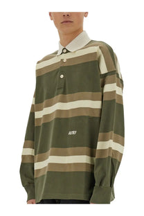 Autry unisex striped polo green long-sleeved shirt with olive green and beige horizontal stripes and white collar