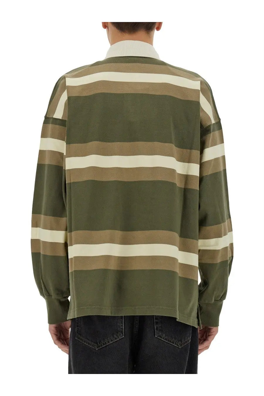 Autry unisex long-sleeve rugby shirt with olive green and cream horizontal stripes and a classic polo collar