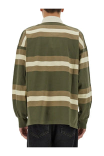 Autry unisex long-sleeve rugby shirt with olive green and cream horizontal stripes and a classic polo collar