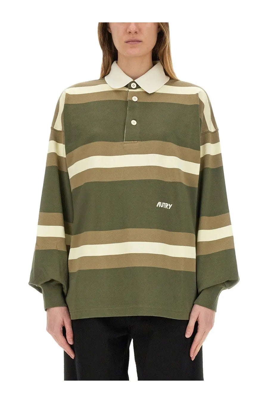 Autry unisex striped polo green olive green and cream long sleeve shirt with white collar and aurry logo embroidery