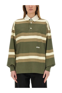 Autry unisex striped polo green olive green and cream long sleeve shirt with white collar and aurry logo embroidery