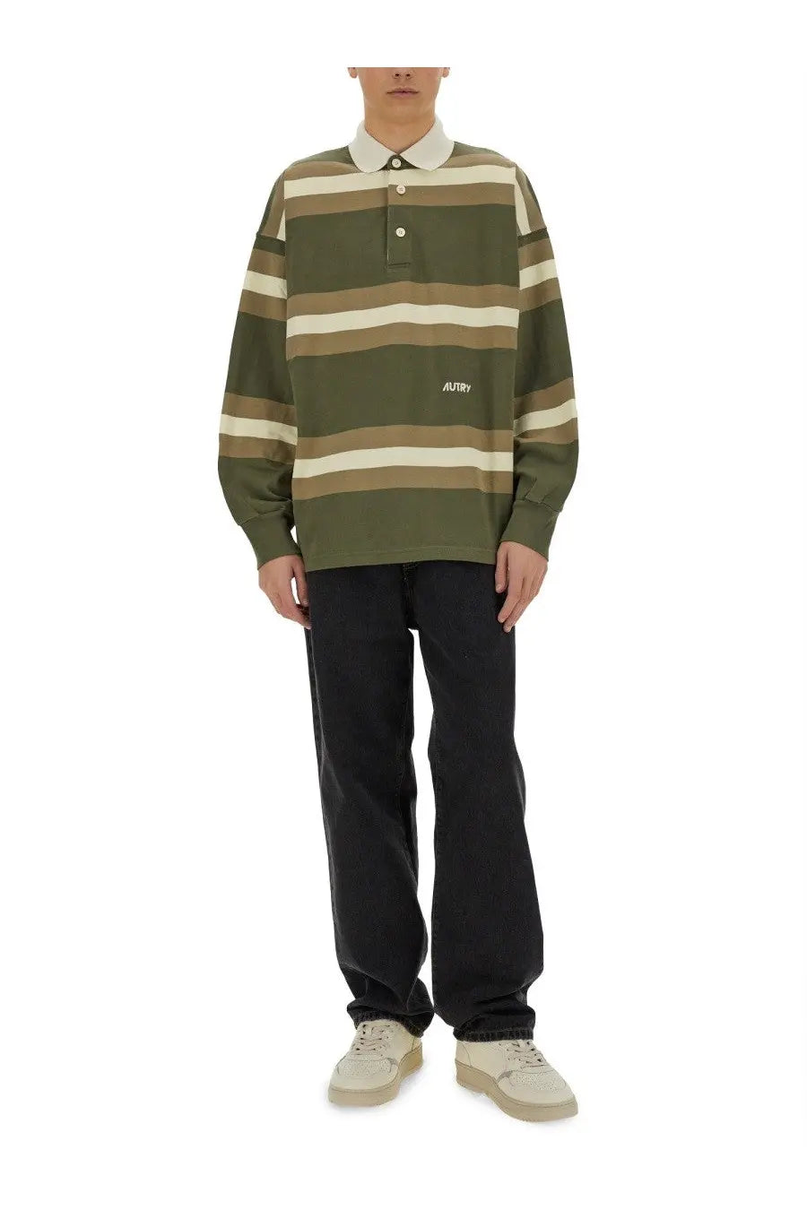 Autry unisex striped polo green olive green and cream horizontal striped long-sleeve shirt with white collar