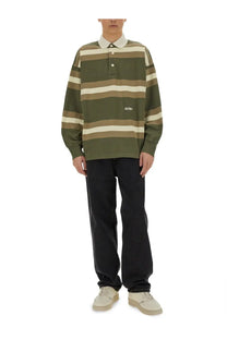 Autry unisex striped polo green olive green and cream horizontal striped long-sleeve shirt with white collar
