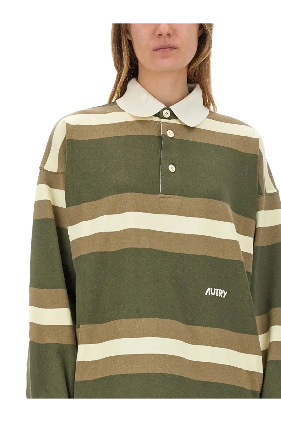 Autry unisex striped polo green olive and cream horizontal striped long-sleeve polo shirt with white collar