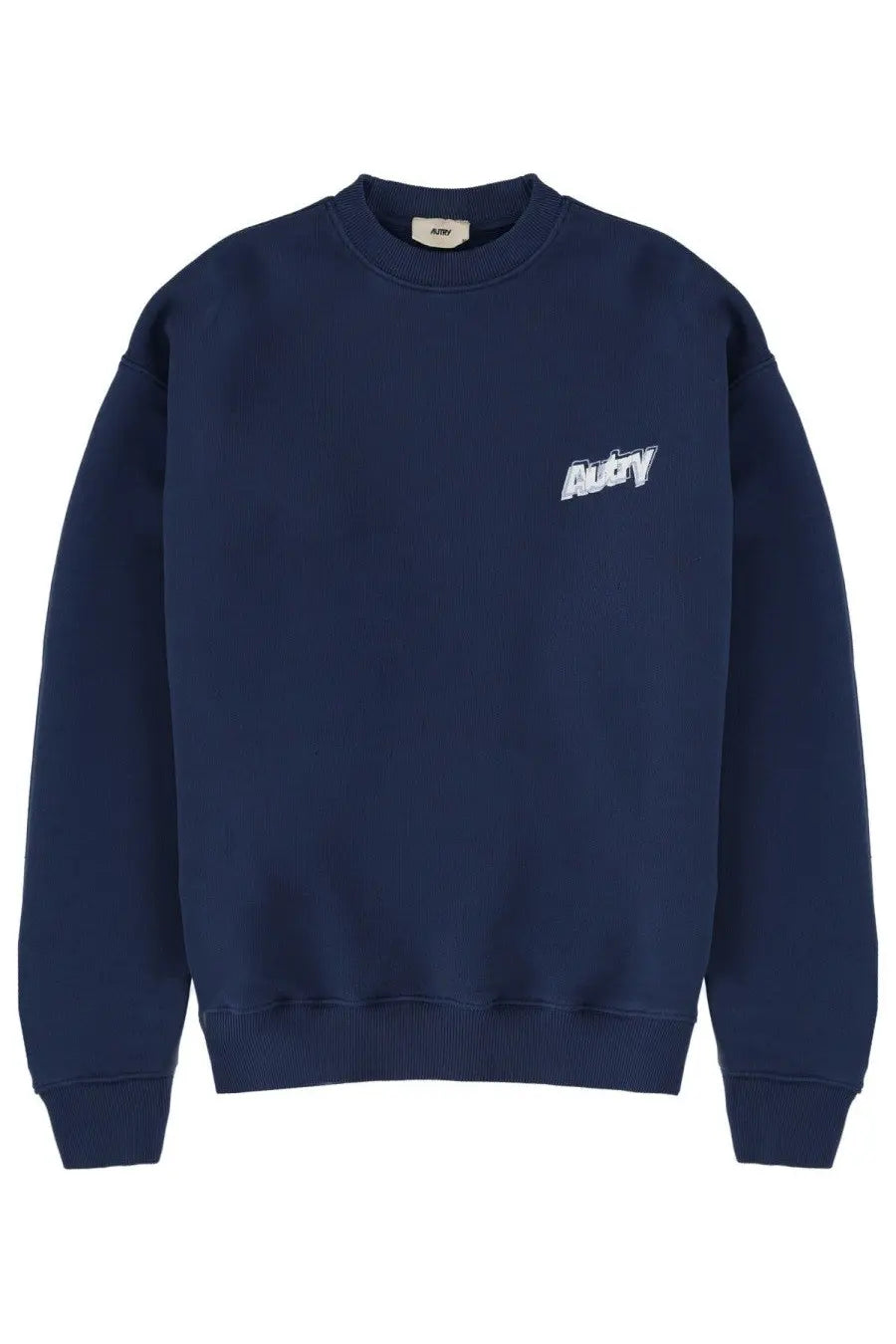 Navy blue autry unisex crewneck sweatshirt with white embroidered logo on left chest made from soft fabric