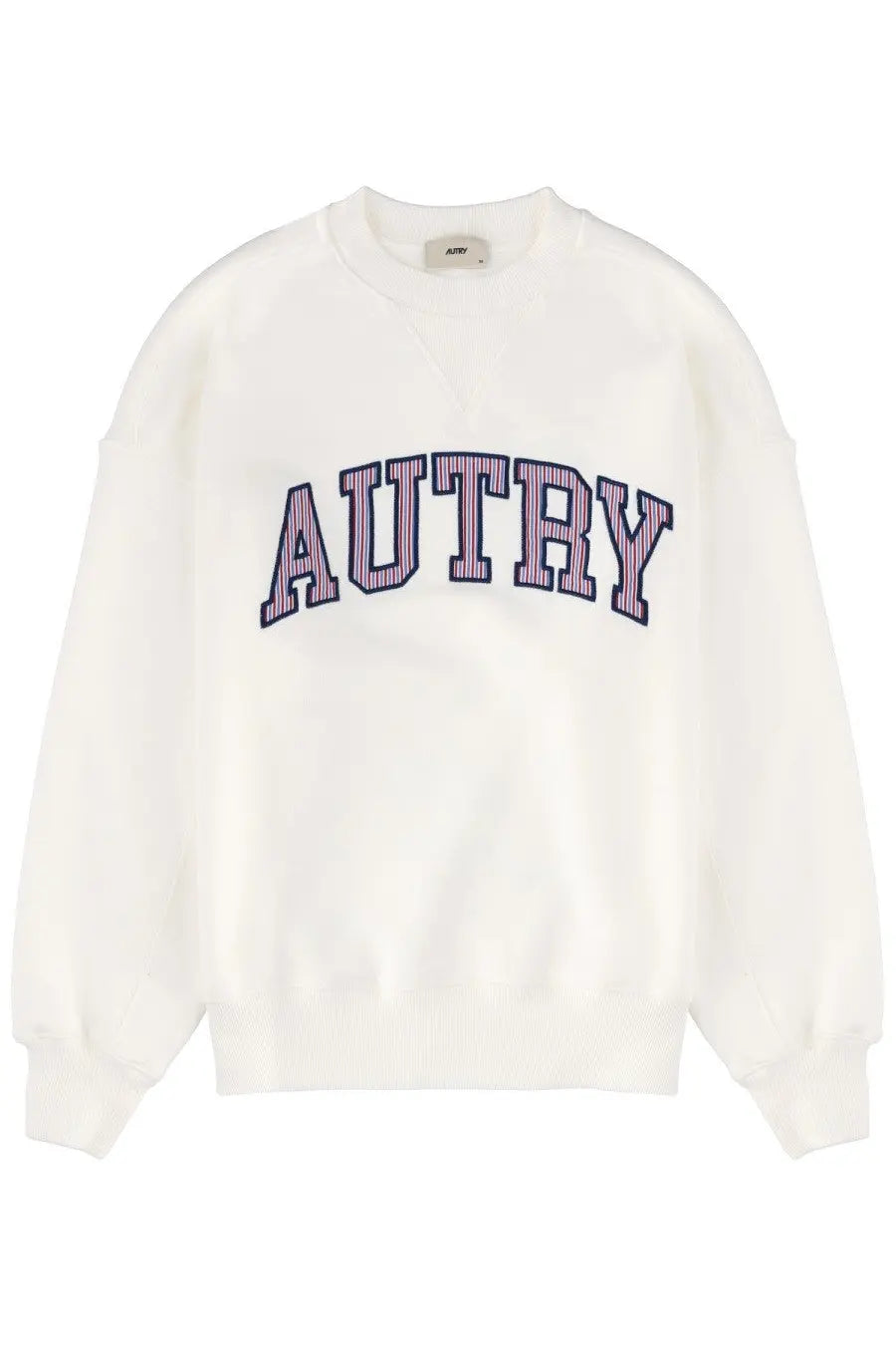White crewneck sweatshirt with autry embroidered in purple and navy blue lettering for unisex wear