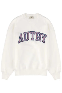 White crewneck sweatshirt with autry embroidered in purple and navy blue lettering for unisex wear