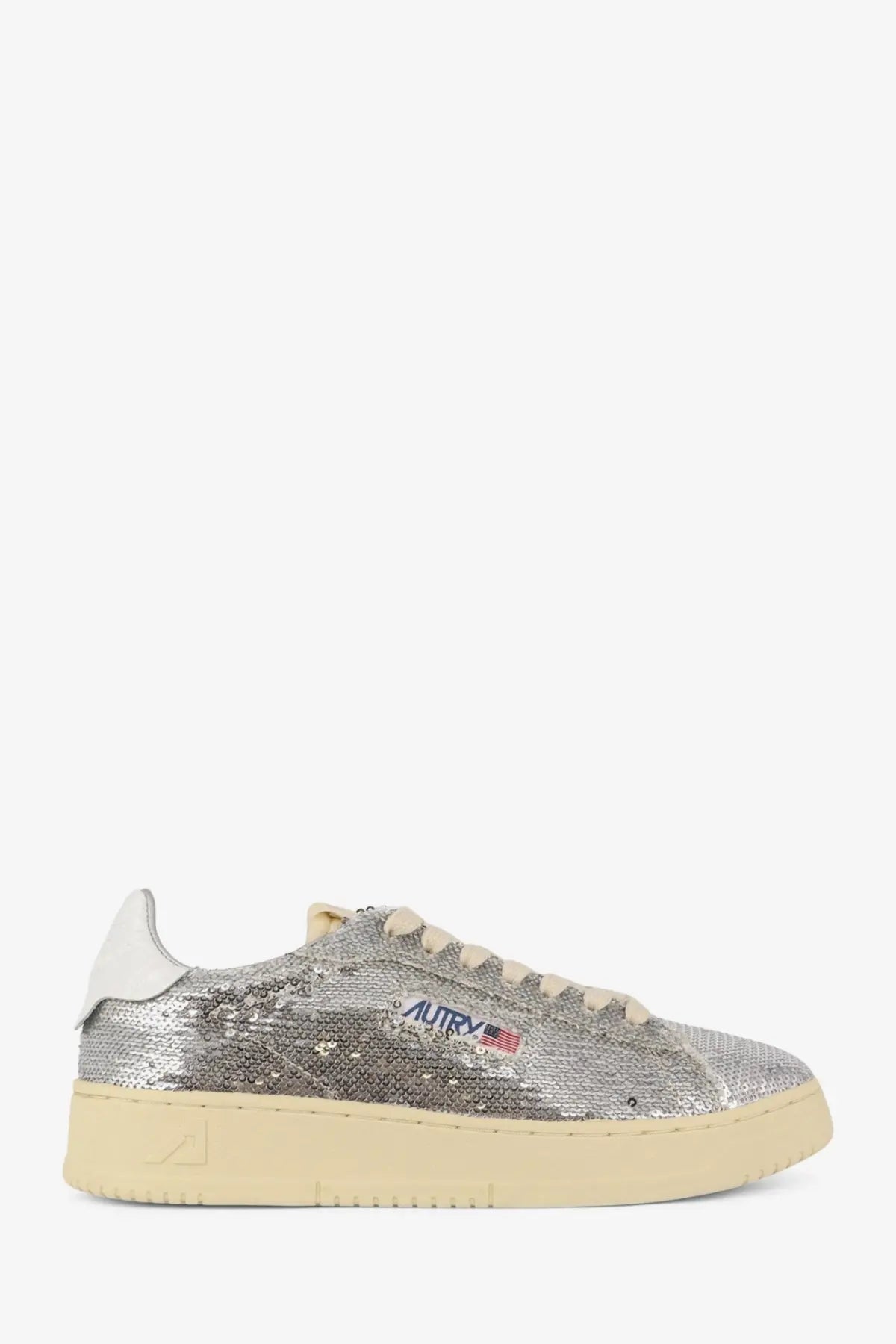 Autry women’s Dallas sneakers white low-top with silver sequins cream laces sole and embroidered logo on the side