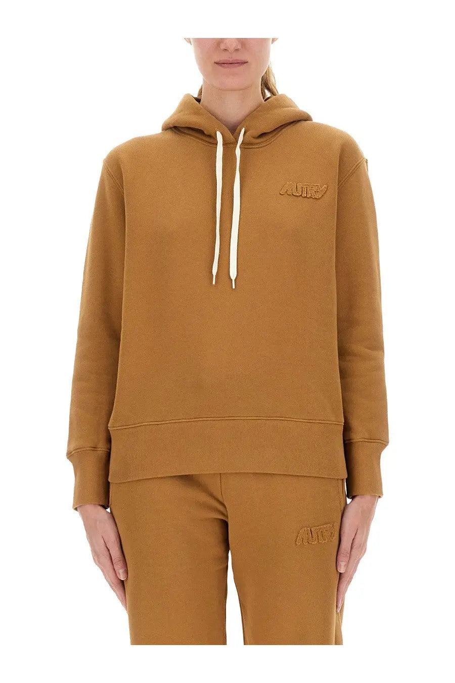 Autry women’s mustard-yellow hooded sweatshirt with matching drawstring and subtle embroidered chest branding