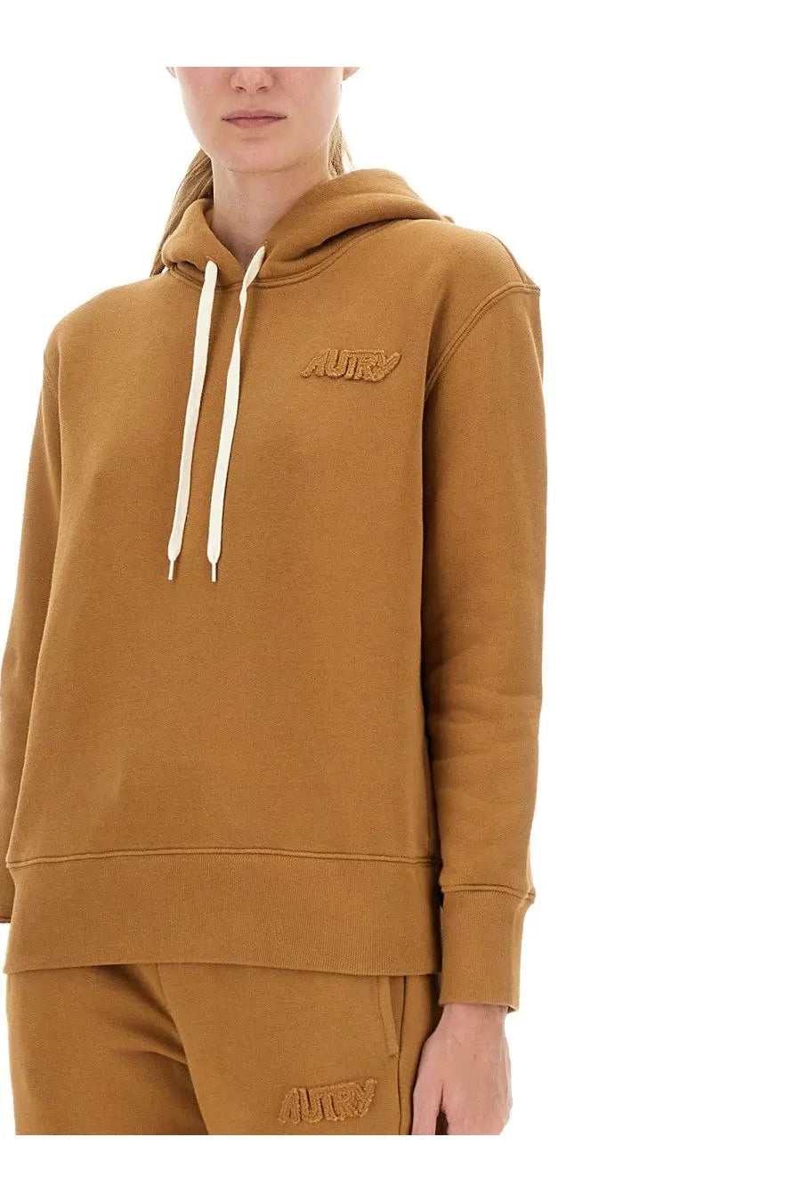 Autry women’s hooded sweatshirt brown mustard yellow with white drawstrings and subtle embroidered chest logo