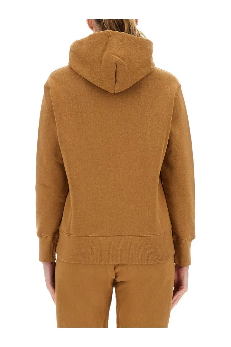 Autry women’s brown hooded sweatshirt with relaxed fit tan fabric and ribbed cuffs for casual wear