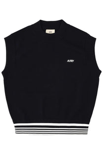 Black knit sleeveless vest with white embroidered logo and striped hem from autry womens knitted tops blue collection