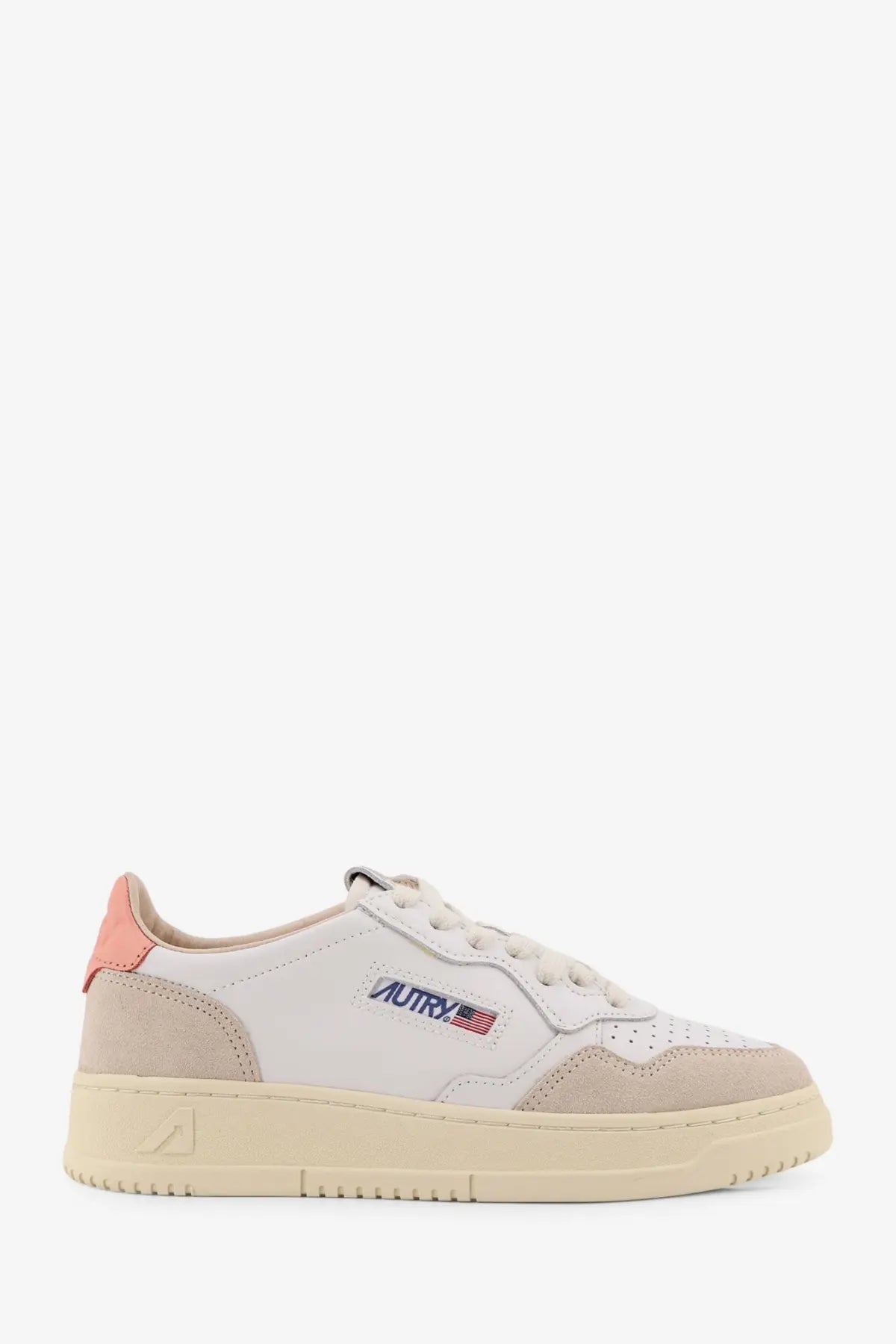 Autry women’s medalist white suede low-top sneaker with beige accents pink heel tab and blue red logo on side