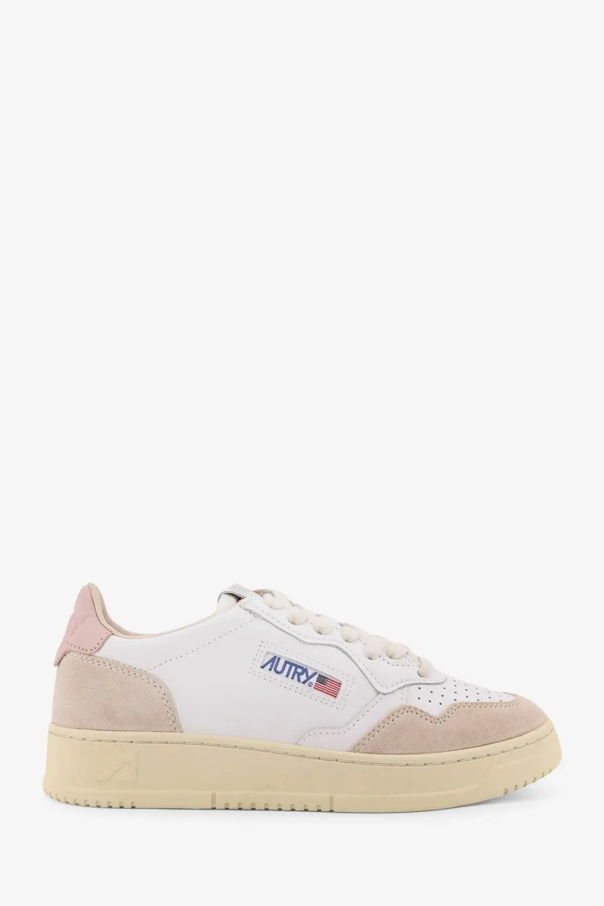 Autry women’s Medalist leather sneakers white low-top suede with beige and pink heel tab and embroidered logo