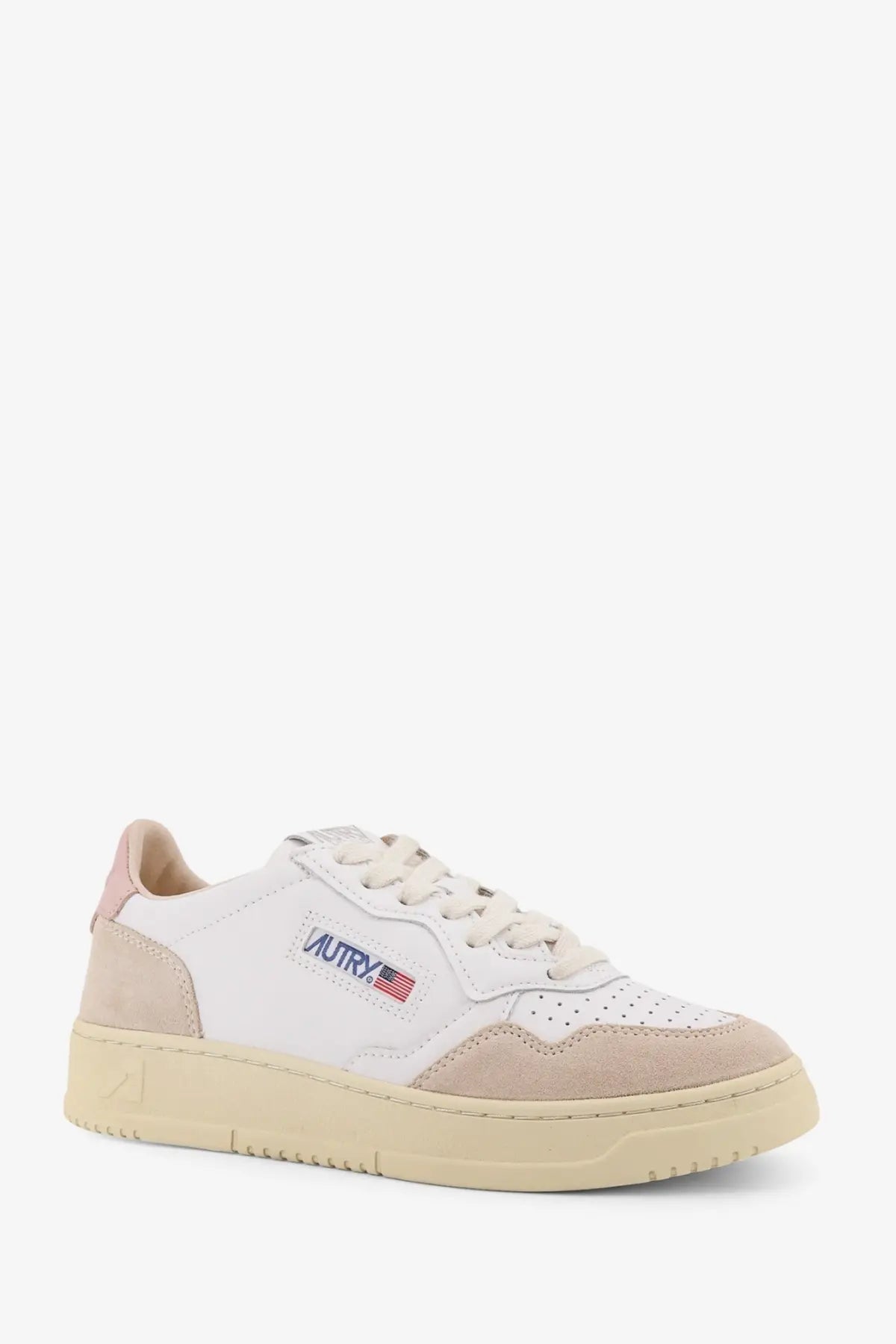 Autry women’s medalist leather sneakers in white with beige suede and perforated toe box featuring a vutry logo patch