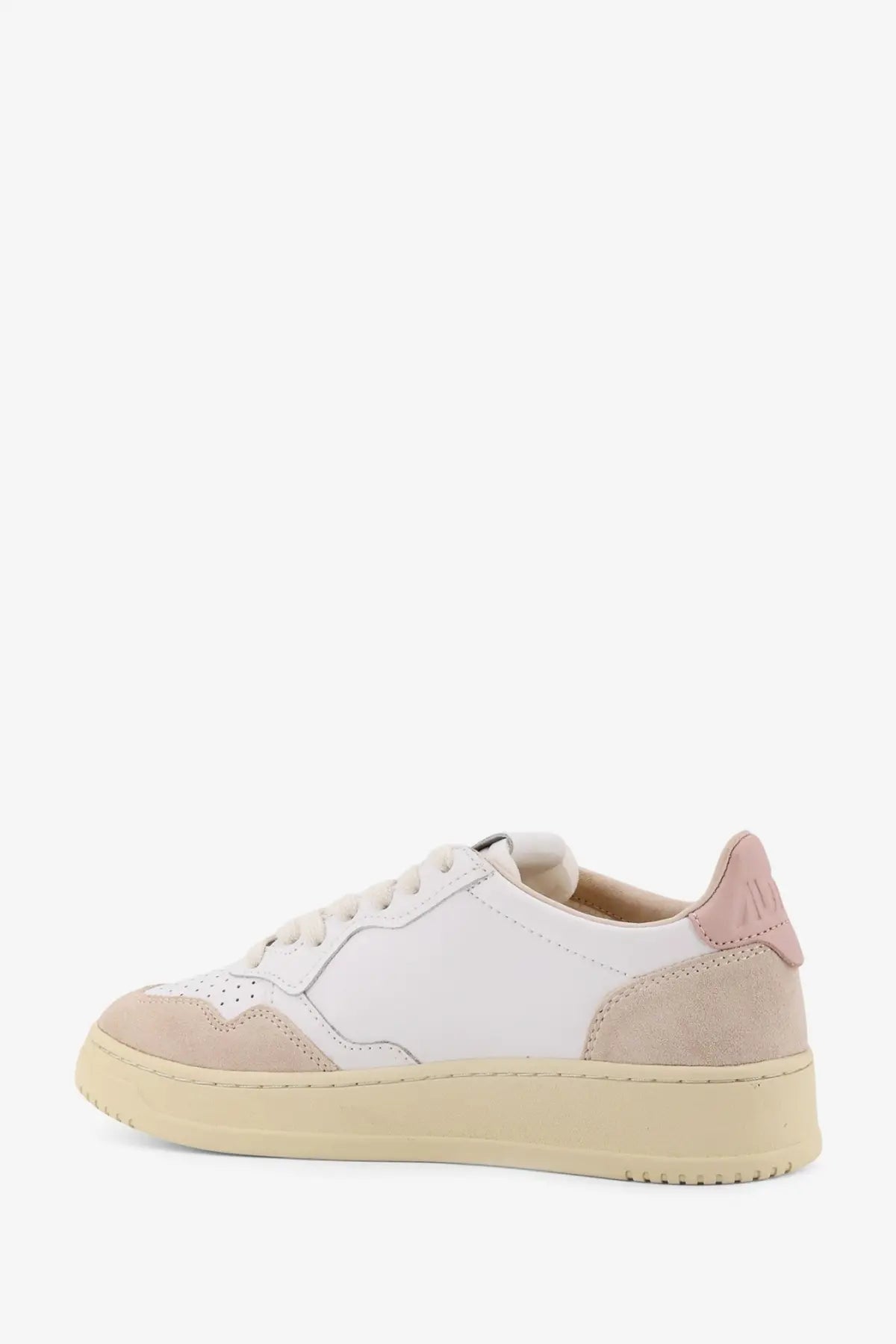 Autry women’s medalist leather sneakers in white and blush pink suede and leather with a cream rubber sole