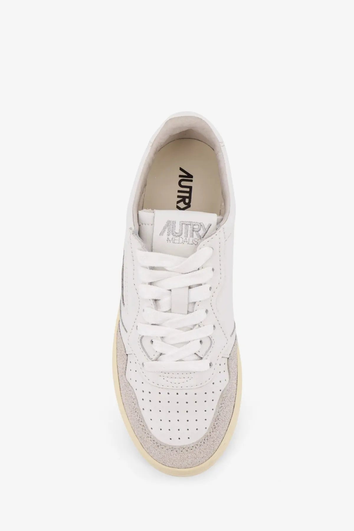 Autry women’s medalist low leather sneakers white with beige suede, perforated toe box, and branded insole