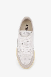 Autry women’s medalist low leather sneakers white with beige suede, perforated toe box, and branded insole