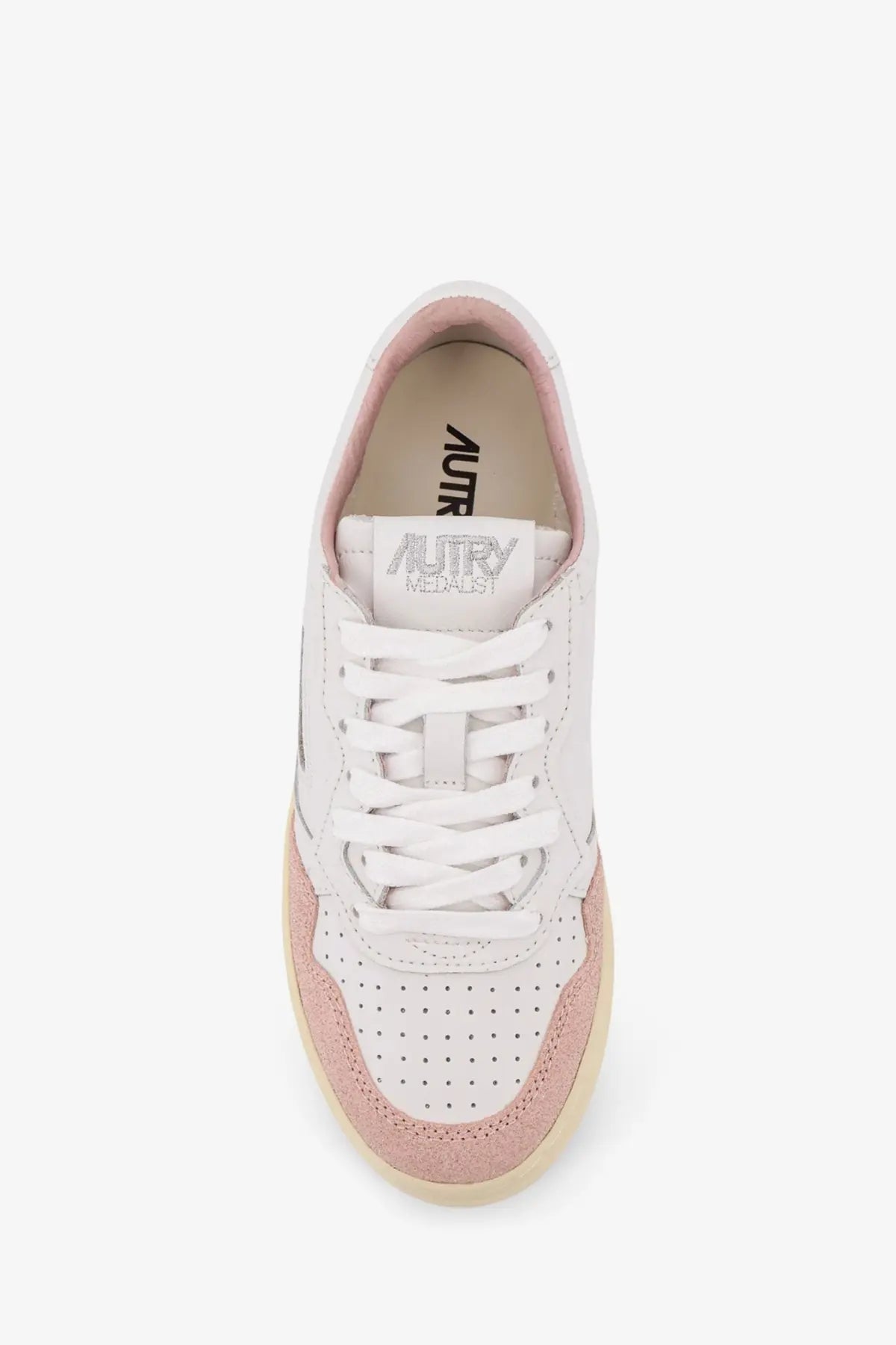 Autry women’s medalist low leather sneakers in white with blush pink suede accents and perforated leather upper