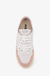 Autry women’s medalist low leather sneakers in white with blush pink suede accents and perforated leather upper
