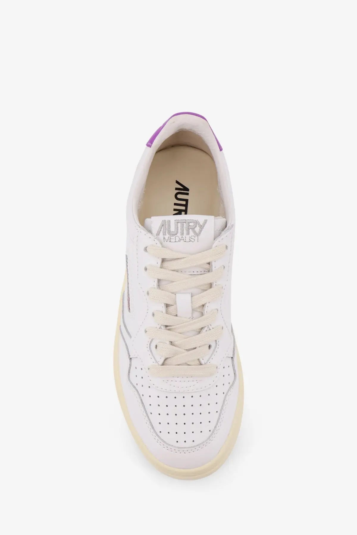 Autry women’s medalist low leather sneaker in white with purple heel tab and perforated toe box