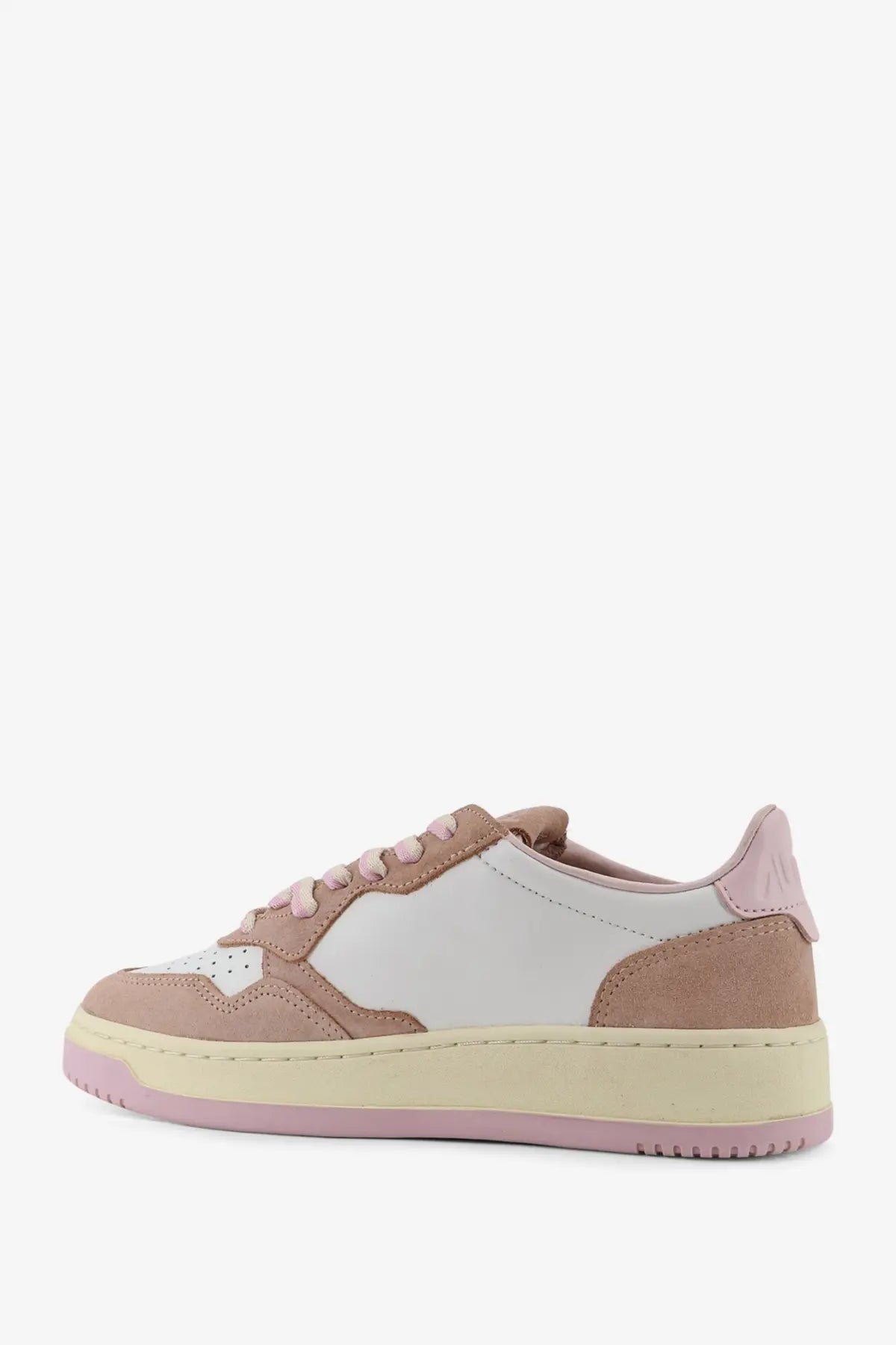 Autry women’s medalist low leather and suede sneakers in pastel pink and white with cream midsole and matching laces