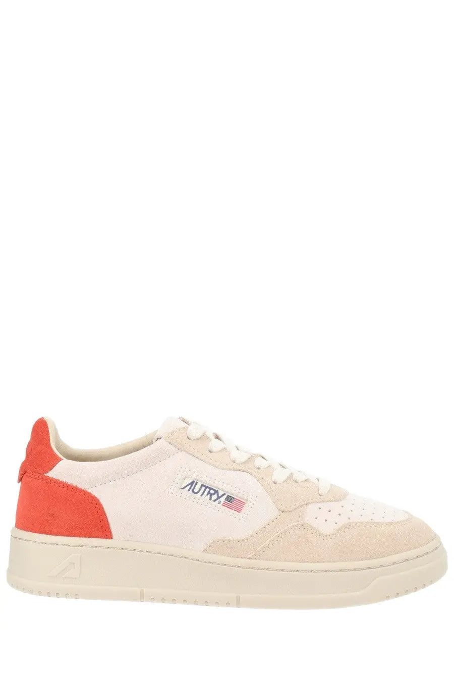 Autry women’s medalist low sneaker in cream suede and canvas with bold orange heel tab and black autry logo on side