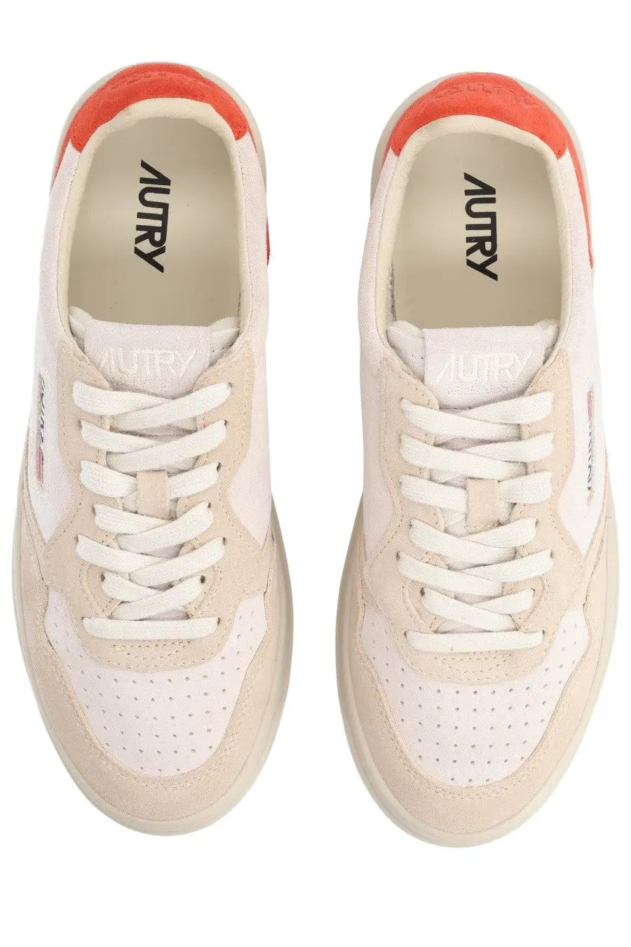 Autry women’s medalist low sneaker in cream suede and perforated leather with vibrant orange rubber heel tab