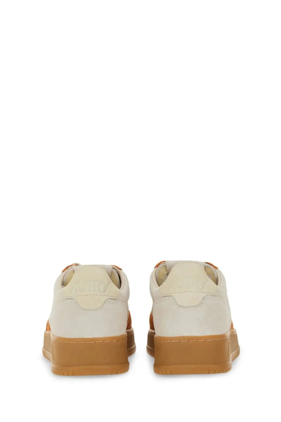 Autry women’s medalist low sneaker in cream suede with tan rubber soles and matching stitching