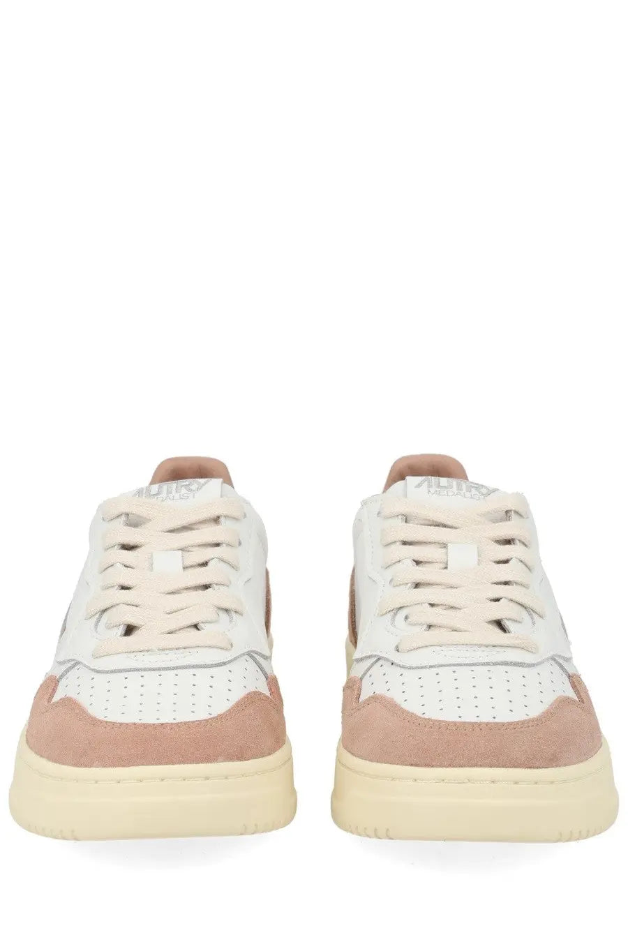 Autry women’s Medalist low sneaker in white and beige suede and leather with perforated detailing