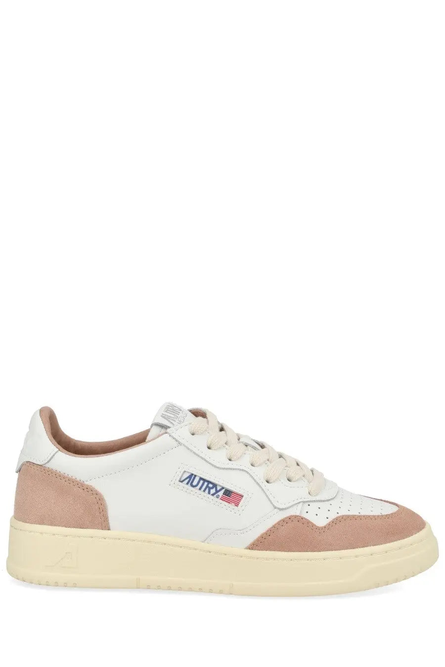 Autry women’s medalist low sneaker white suede and leather with beige accents and subtle american flag logo on side